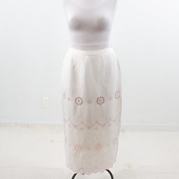 Vintage Boho Eyelet Skirt 12 Linen Pencil Midi White - Picture 9 of 9